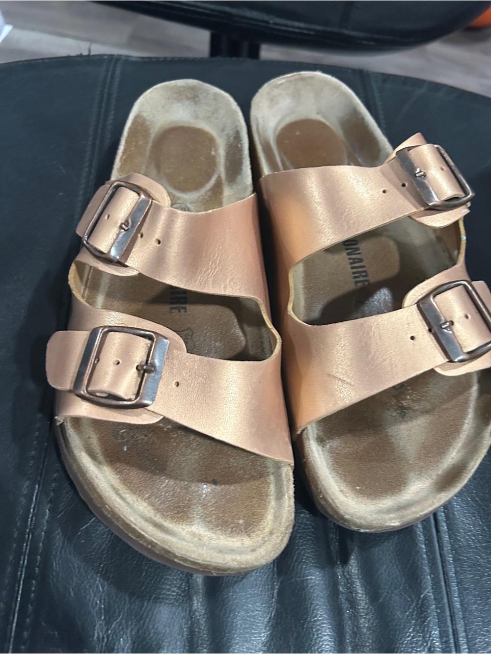 Metallic Rose Gold Double-Buckle Slide Sandals